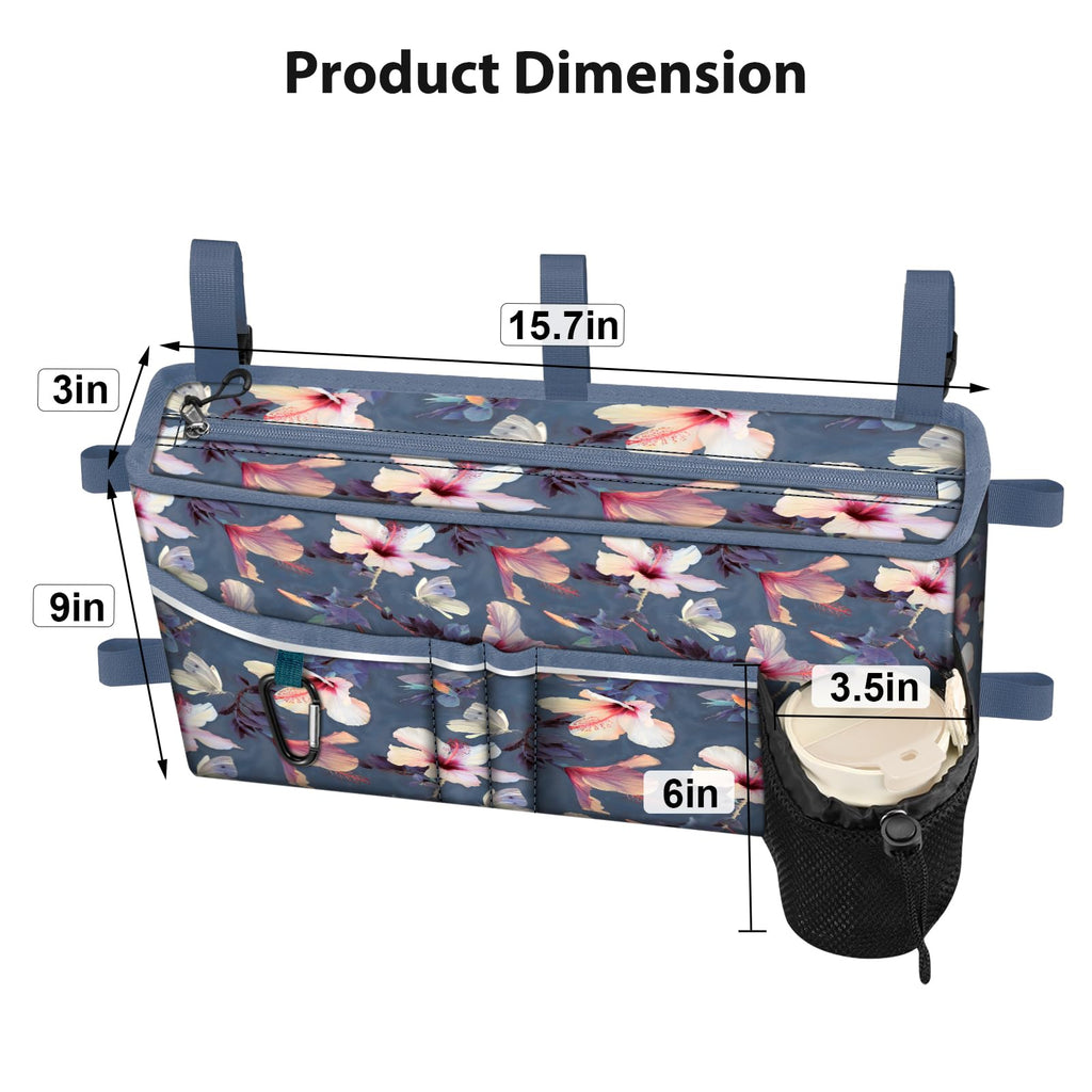 FINPAC Large Walker Tote Bag with Cup Holder, Folding Walker Attachment Hands-Free Storage Basket Mobility Aid Accessory Pouch for Elderly, Senior, Blooming Hibiscus