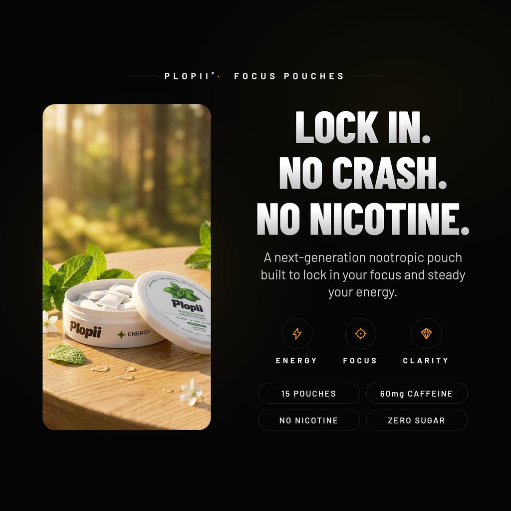 Plopii Caffeine Focus & Energy Nootropic Pouches | Alpha GPC, L-Theanine, L-Tyrosine, Ginseng, Vitamin B6 + B12 | No Jitters, No Crash | Tobacco-Free, Nicotine-Free (Wintergreen)