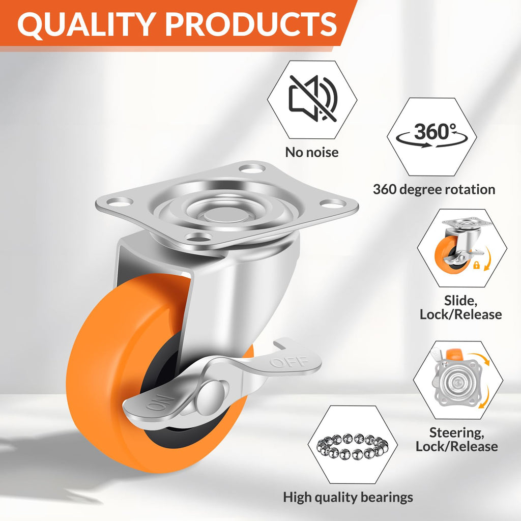 2 Inch Caster Wheels, Casters Set of 16,Heavy Duty Caster with Brake,Top Plate Swivel Wheels Industrial Castors Polyurethane Wheel, Locking Castor for Furniture Carts and Workbench