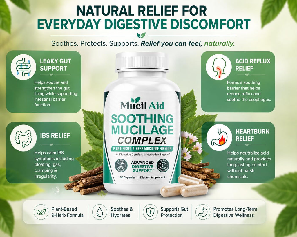 Mucil Aid Digestive Support Capsules 90 Count - Soothing Plant Mucilage Complex for GERD, Leaky Guts, Gentle Prebiotic, Mucosal Support, IBS - 2000mg with Slippery Elm & Marshmallow Root