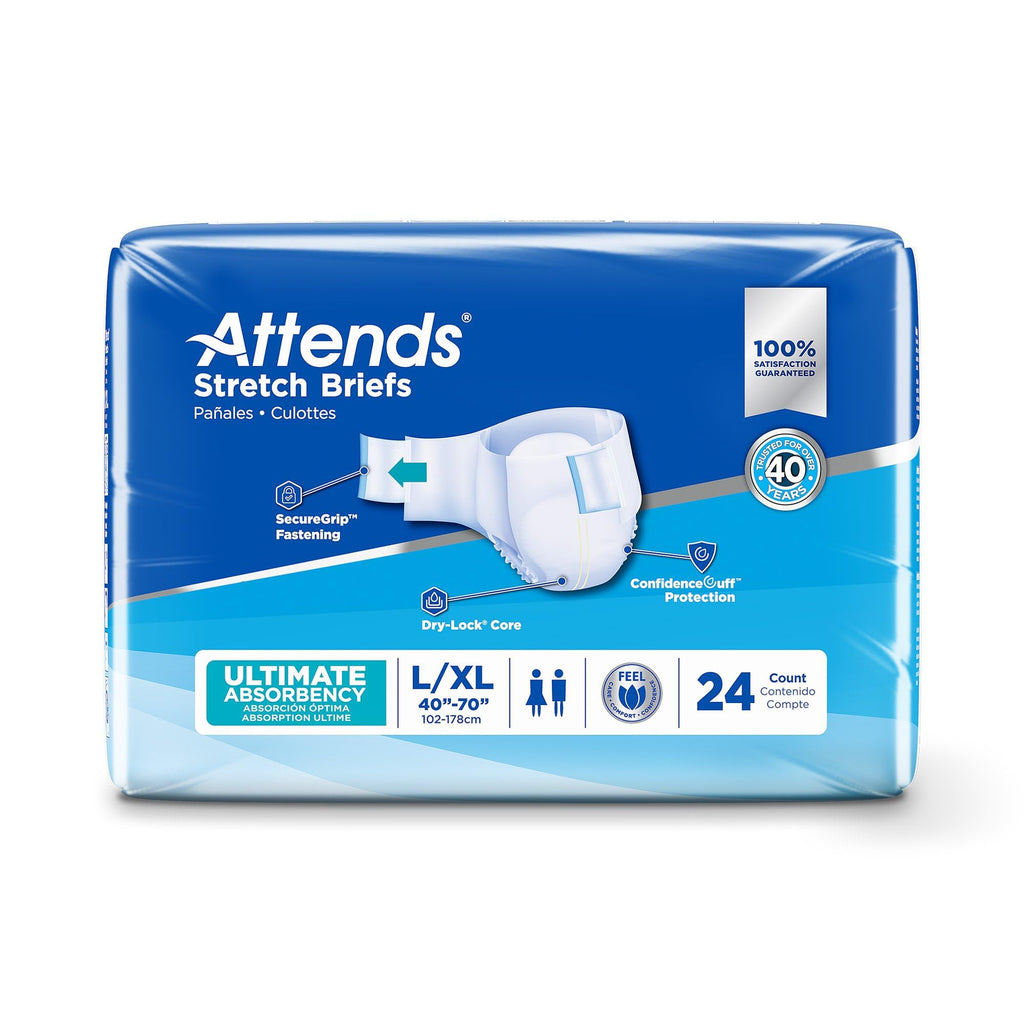 Attends Stretch Adult Disposable Briefs, Large/X-Large, 40"-70" Waist with Tab Closure, Ultimate Absorbency with Dry-Lock Containment Core, 96ct Case