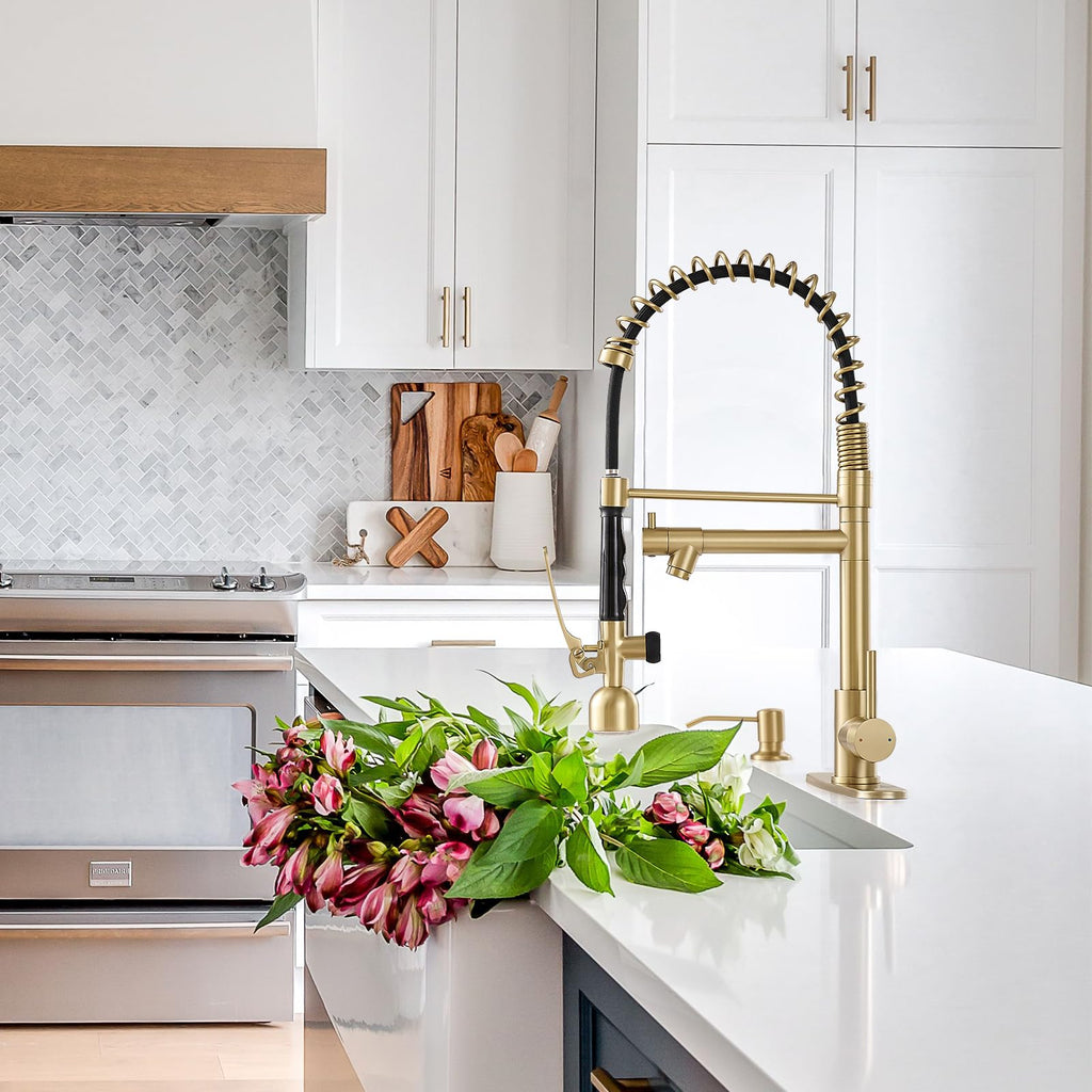 Fapully Commercial Kitchen Faucets with Pull Down Sprayer Brushed Gold LED Single Handle Faucet for Kitchen Sink, Kitchen Faucet with Soap Dispenser and Deck Plack for 4 Hole