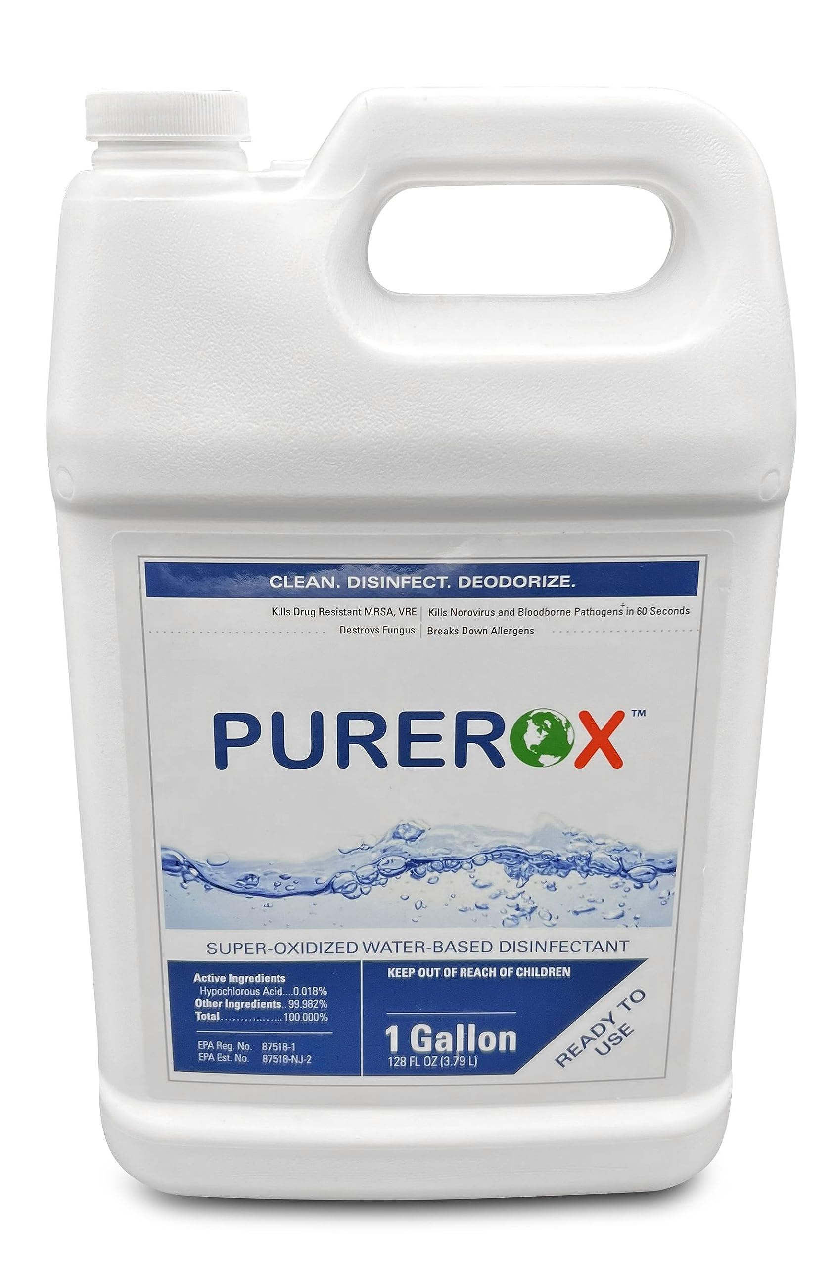 PUREROX disinfectant (1 gallon) Eliminate 99.9999% viruses, Norovirus, HIV, MRSA and fungi. PUREROX Hypochlorous technology. Hospital Grade. Use Anywhere. No residue.No Rinse. Suitable All Surfaces