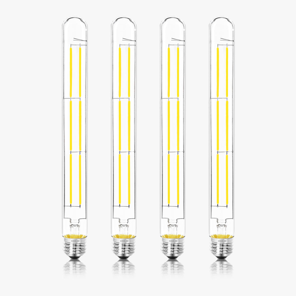 NOVELUX 11.8IN 1000LM 5000K Daylight White Light Bulbs E26 Base, T10 T9 Edison Bulbs Dimmable 8W, AC 120V 100 Watt Equal Filament Bulb, Vintage Clear Glass Long Tubular LED Bulb, UL Certified - 4Pack