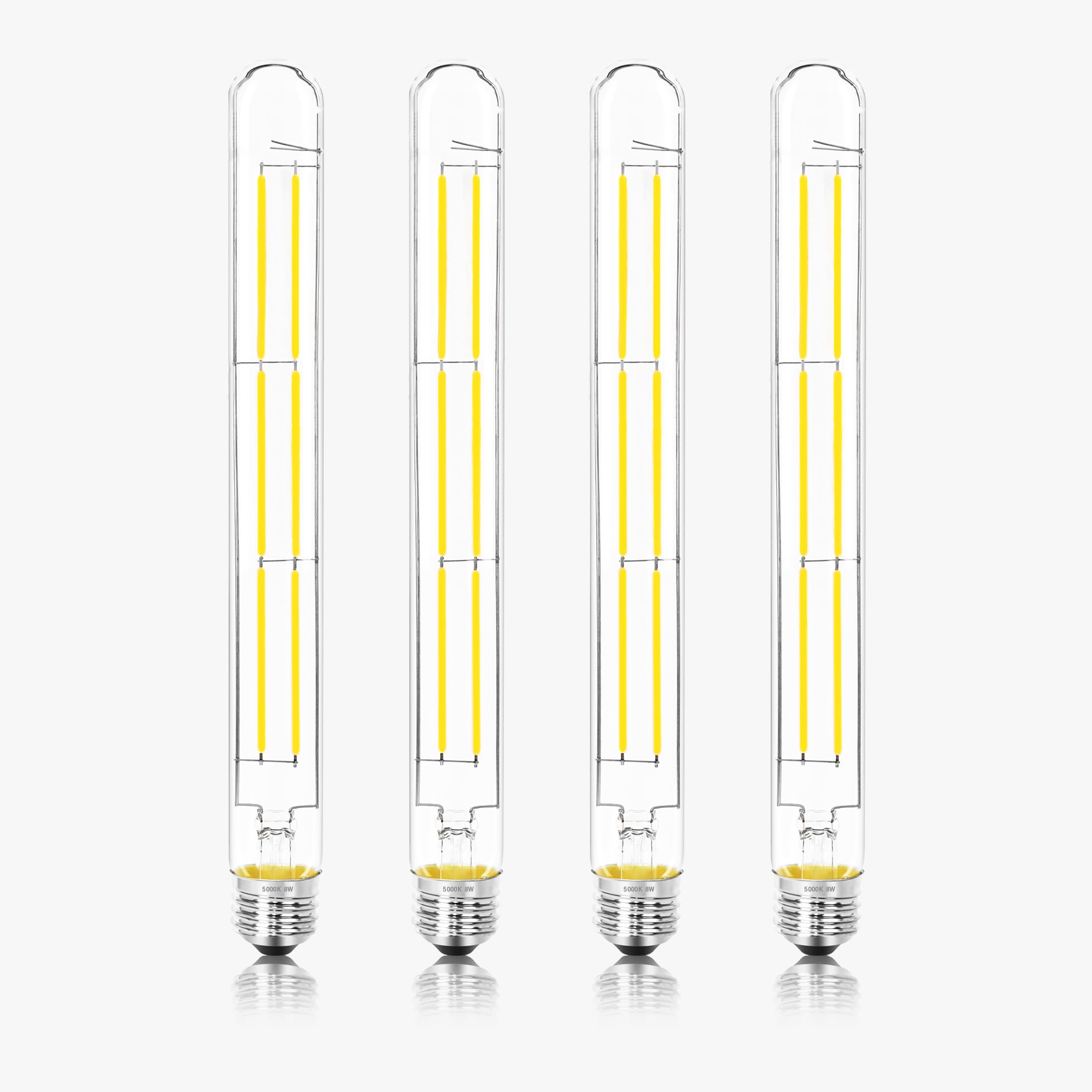 NOVELUX 11.8IN 1000LM 5000K Daylight White Light Bulbs E26 Base, T10 T9 Edison Bulbs Dimmable 8W, AC 120V 100 Watt Equal Filament Bulb, Vintage Clear Glass Long Tubular LED Bulb, UL Certified - 4Pack