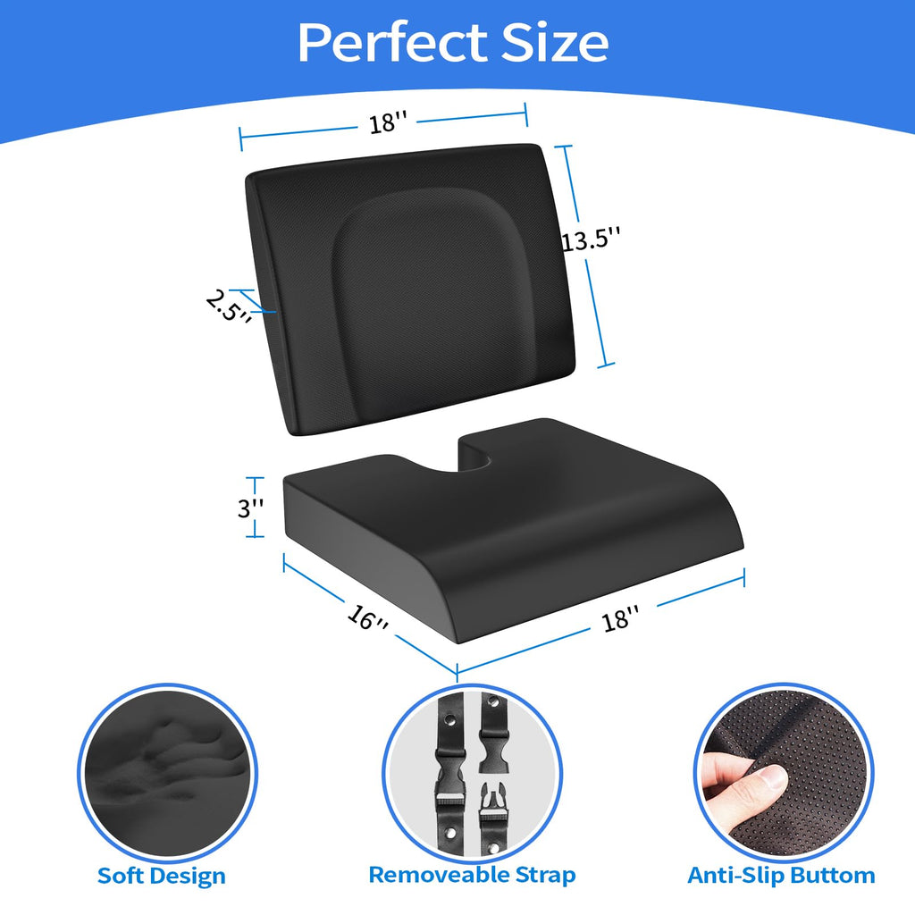 Wheelchair Cushions, 18''x16''x 3'' Gel Wheelchair Seat Cushion with Lumbar Pillow, (2-Piece Set) for Relieve Sciatica, Back, Coccyx, Pressure Sore, Pressure Relief, with Anti-Slip Cover, Strap