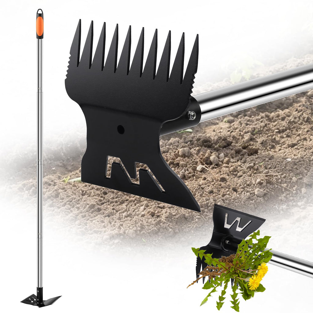 Larger Weed Puller Tool with Long Handle, 2-in-1 Heavy Duty Weed Rake & Hoe