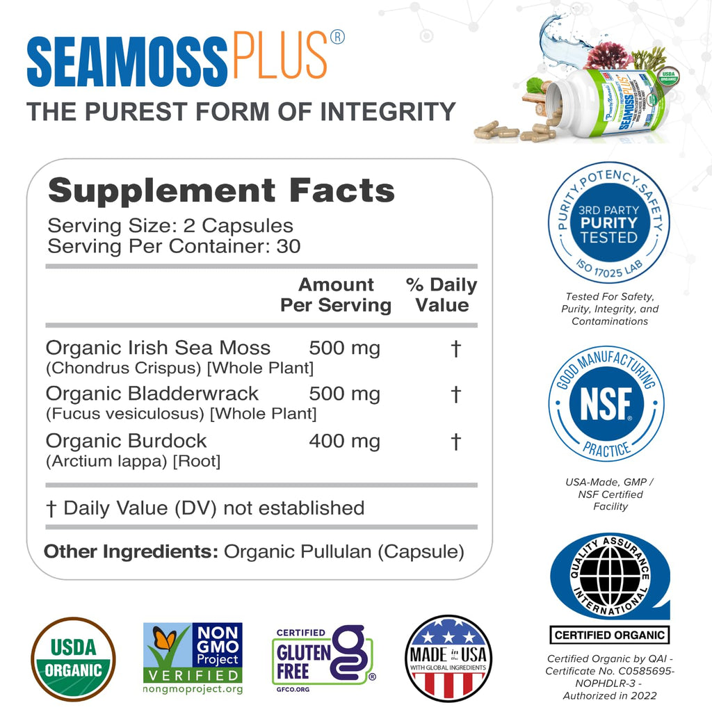 Power By Naturals Sea Moss Plus - USDA Certified Organic Wildcrafted Irish Seamoss, Bladderwrack & Burdock Root, Supplement for Immunity, 60Ct, 2 Pack