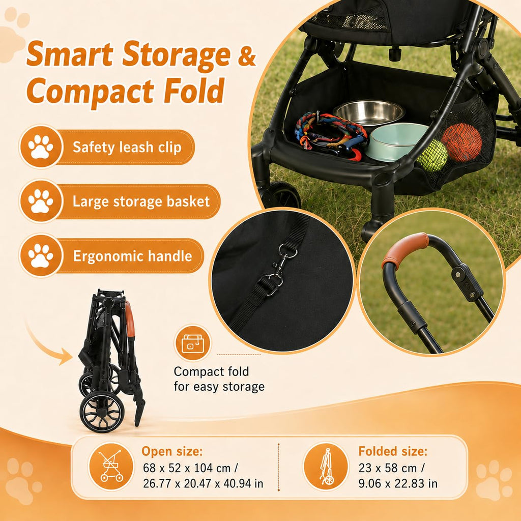 Pet Stroller for Small Dogs and Cats, Detachable Dog Cat Stroller with All-Terrain Shock Absorbing Wheels, One-Click Foldable Design, Adjustable Canopy (Khaki)