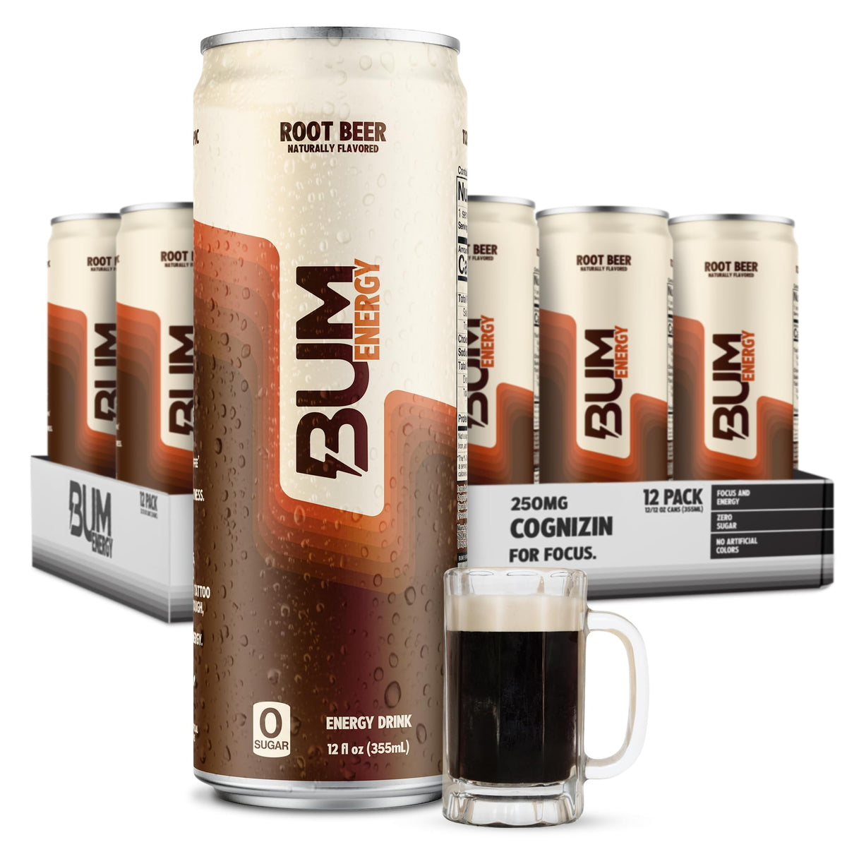 BUM Sugar Free Energy Drink, Nootropics, Root Beer 12 Pack, 12 Fl Oz