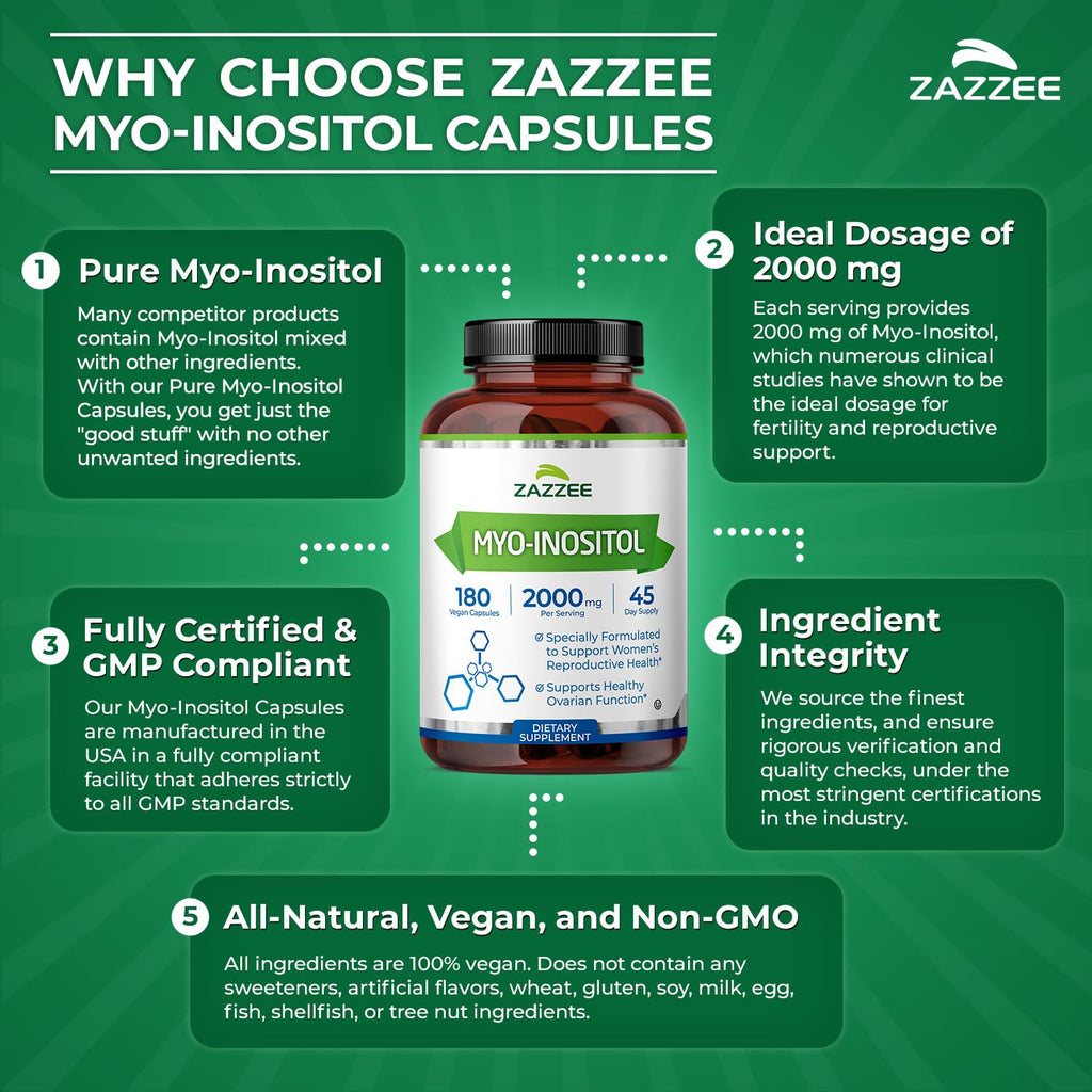 Zazzee Myo-Inositol Capsules, 2000 mg per Serving, 180 Vegan Capsules, Ideal Dosage for 40:1 Ratio, Certified Kosher, Hormone Balance & Healthy Ovarian Function Support, Non-GMO, Made in the USA