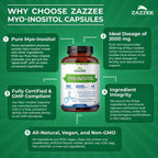 Zazzee Myo-Inositol Capsules, 2000 mg per Serving, 180 Vegan Capsules, Ideal Dosage for 40:1 Ratio, Certified Kosher, Hormone Balance & Healthy Ovarian Function Support, Non-GMO, Made in the USA