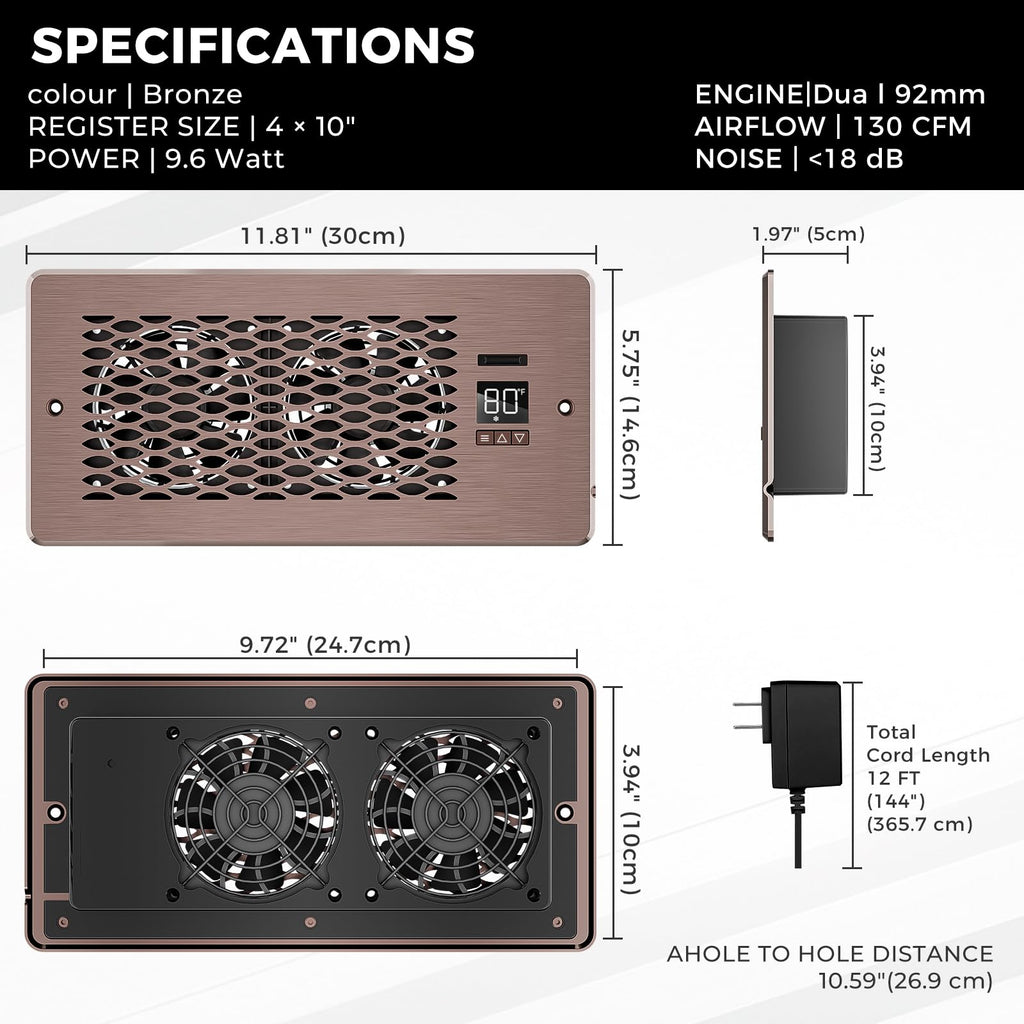 KHEOED Built-in Register Booster Fan with Cover for Air Heat Vent with Fan,Fits 4"x10" Duct/Ceiling/Floor Vents, Improves AC & Heating/Cooling,Quiet 10-Speed Household/Bedroom Ventilation,smart,Bronze