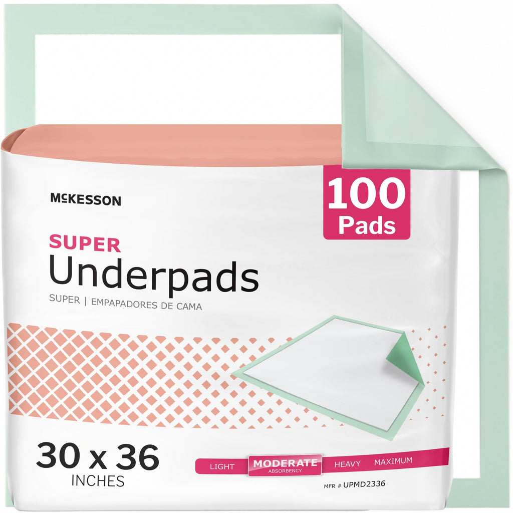 McKesson Super Underpads, Incontinence Bed Pads 30" x 36" [100 Count], Moderate Absorbency, Disposable Chux Pads for Adults, Elderly, and Baby, Pee Pads
