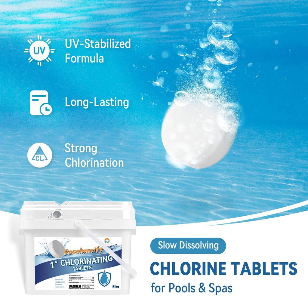 1 Inch Chlorine Tablets for Pools & Spas, 5 LB – Slow Dissolving Stabilized Trichlor Tabs with 90% Available Chlorine for Hot Tubs, Above-Ground & In-Ground Pools