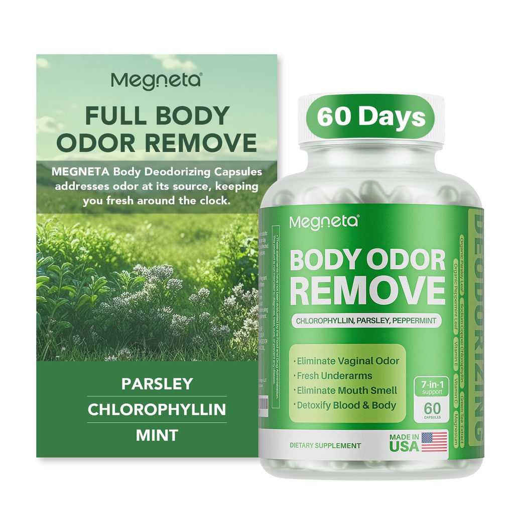 MEGNETA Body Deodorizing Supplement, Natural Internal Odor Control Pills for Men & Women, Chlorophyll Capsules for Skin, Breath and Gut Health (60 Capsules)