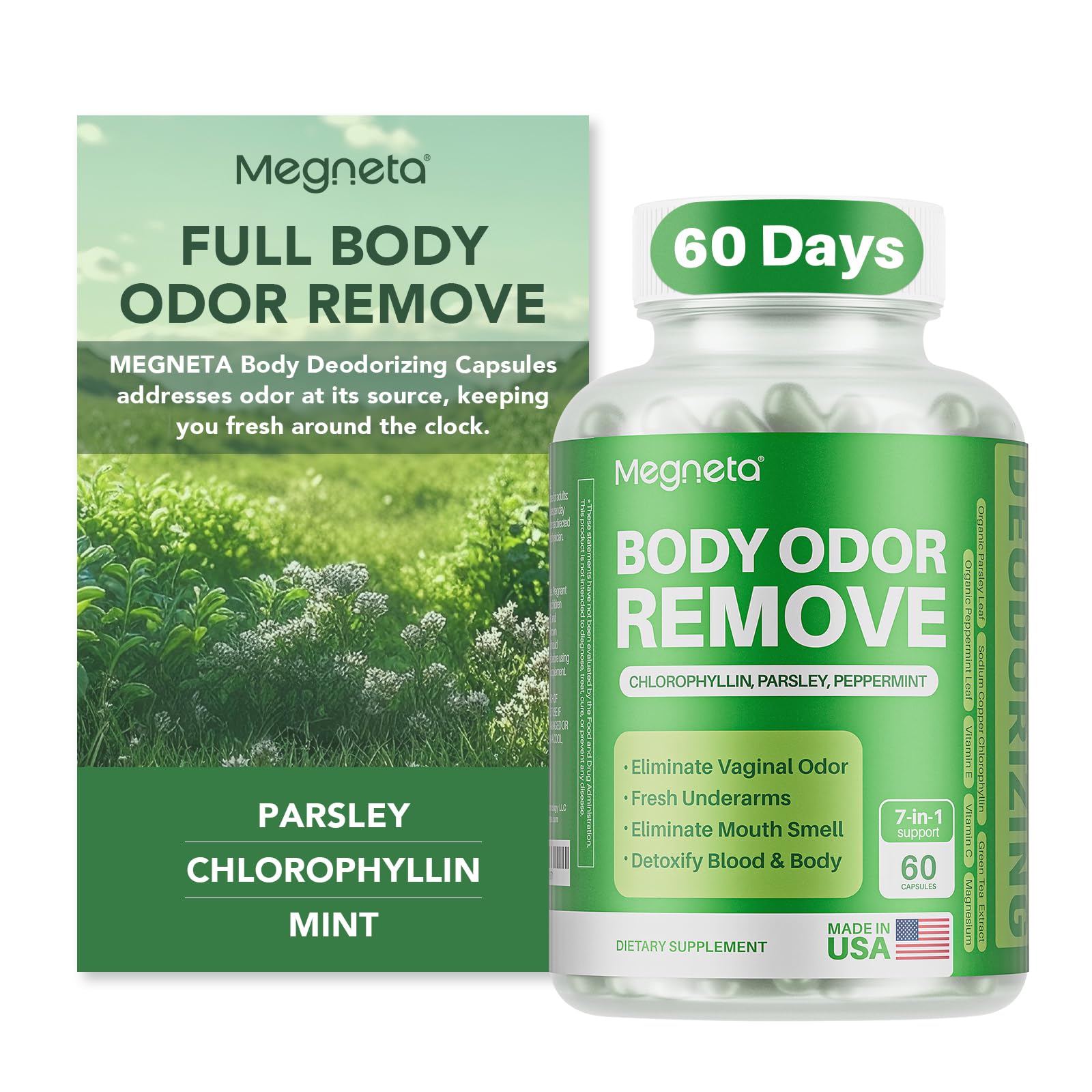 MEGNETA Body Deodorizing Supplement, Natural Internal Odor Control Pills for Men & Women, Chlorophyll Capsules for Skin, Breath and Gut Health (60 Capsules)