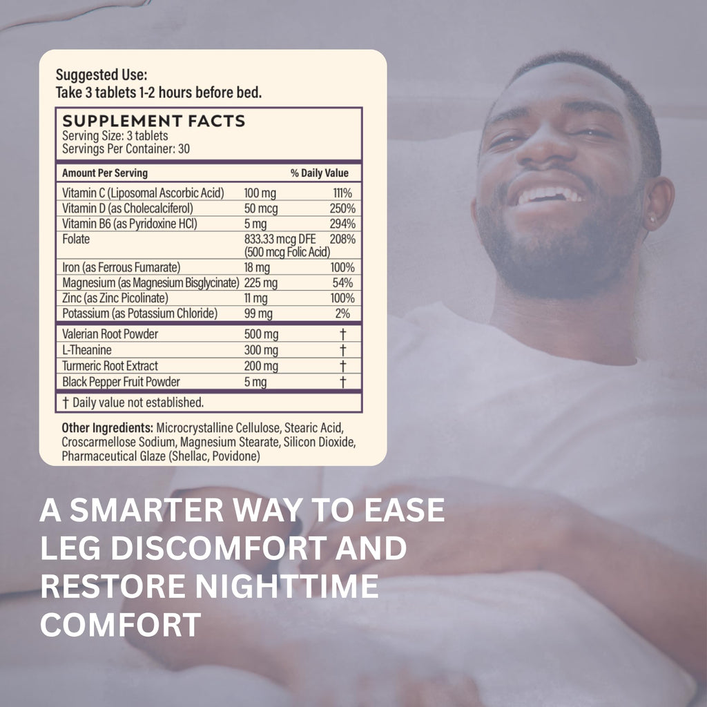 Zen Legs - Restless Limbs Support - Magnesium Glycinate, Turmeric, Valerian Root, Potassium, Black Pepper Root, L-Theanine, Vitamin D, Iron, B6, Zinc - Nighttime Muscle & Nerve Comfort - 90 Tablets