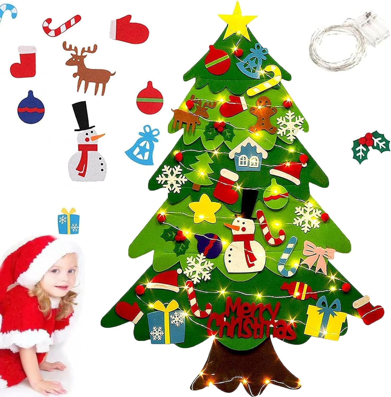 Felt Christmas Tree for Toddlers, Montessori Felt Christmas Tree with Lights for Kids