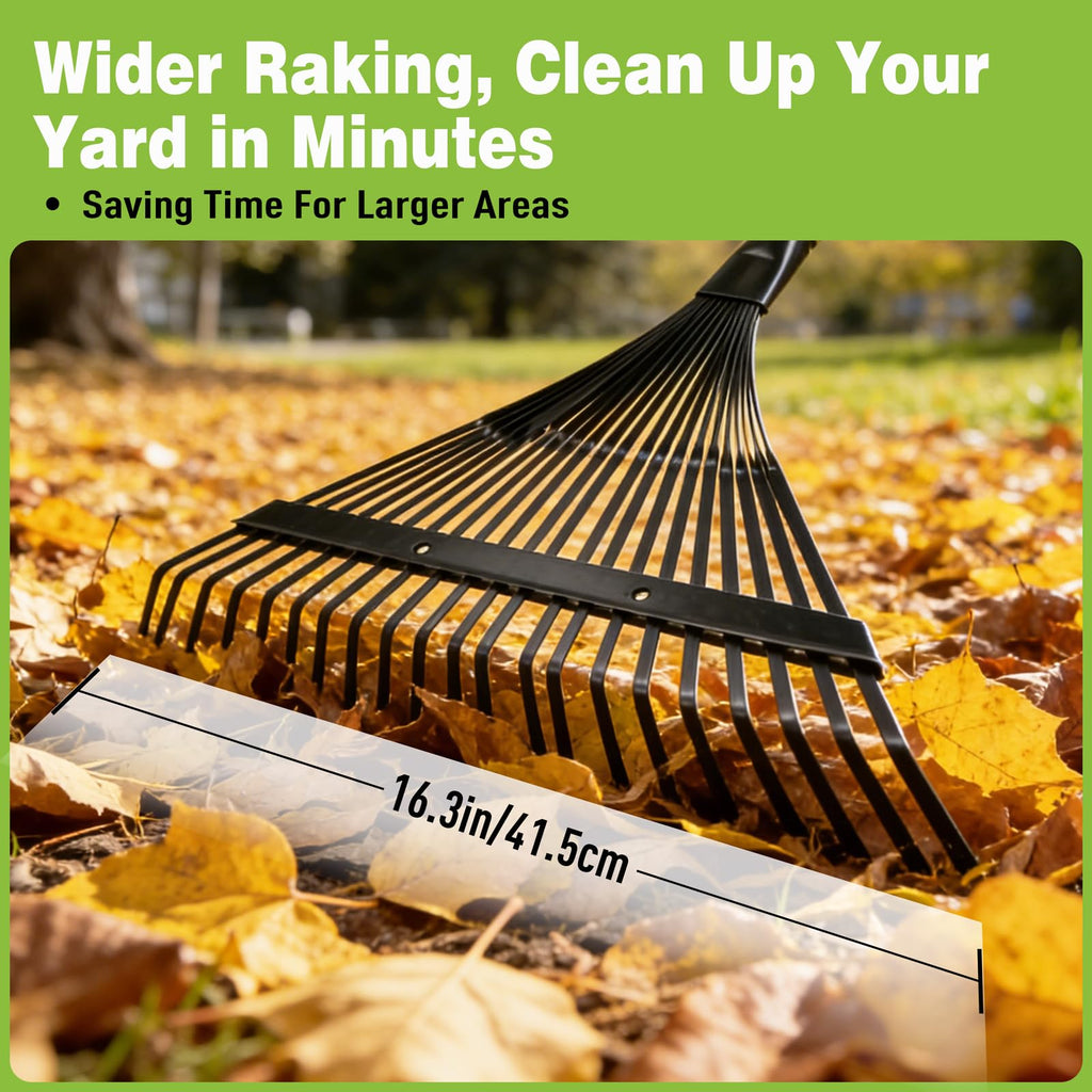 Altdorff Garden Leaf rake, 6FT Rake for Lawns Lightweight 22 Metal Tines 16.3 inch Wide, Adjustable Steel Handle, Rakes for Leaves, Gathering Shrub, Grass, Weeds, Debris,Yard