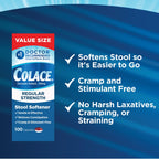Colace Stool Softener 100 mg, 100 Capsules, Constipation Relief, Docusate Sodium, Gentle Docusate, Stimulant-Free, Regular Strength, #1 Doctor Recommended Stool Softener Brand