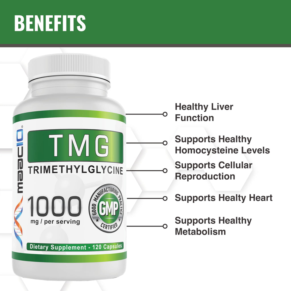 MAAC10 TMG 1000MG NSF Certified Supplement | Trimethylglycine or Betaine Anhydrous | Methylation, Homocysteine and Liver Support (120 Capsules)