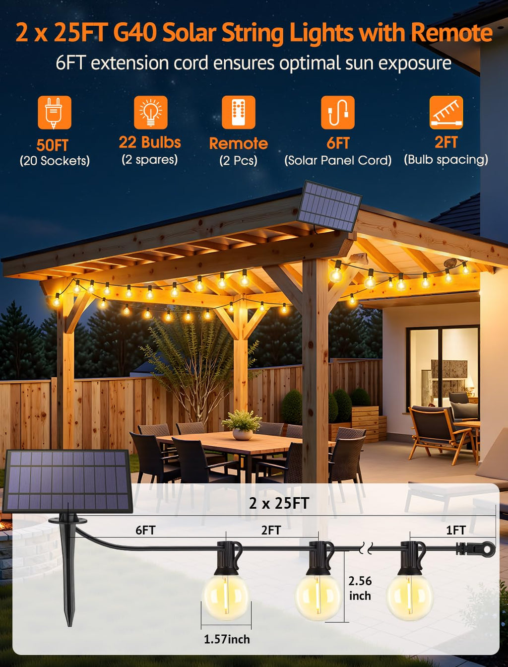 Larkvue 50FT(2x25FT) Solar String Lights Outdoor with Remote, Waterproof Dimmable 3 Modes Patio Lights with 20+2 LED G40 Bulbs for Cafe Bistro-Black