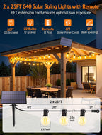 Larkvue 50FT(2x25FT) Solar String Lights Outdoor with Remote, Waterproof Dimmable 3 Modes Patio Lights with 20+2 LED G40 Bulbs for Cafe Bistro-Black