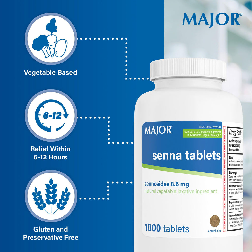 MAJOR Senna 8.6 mg Natural Vegetable Laxative Tablets - Made with Sennosides - 1000-Count (4-Pack)
