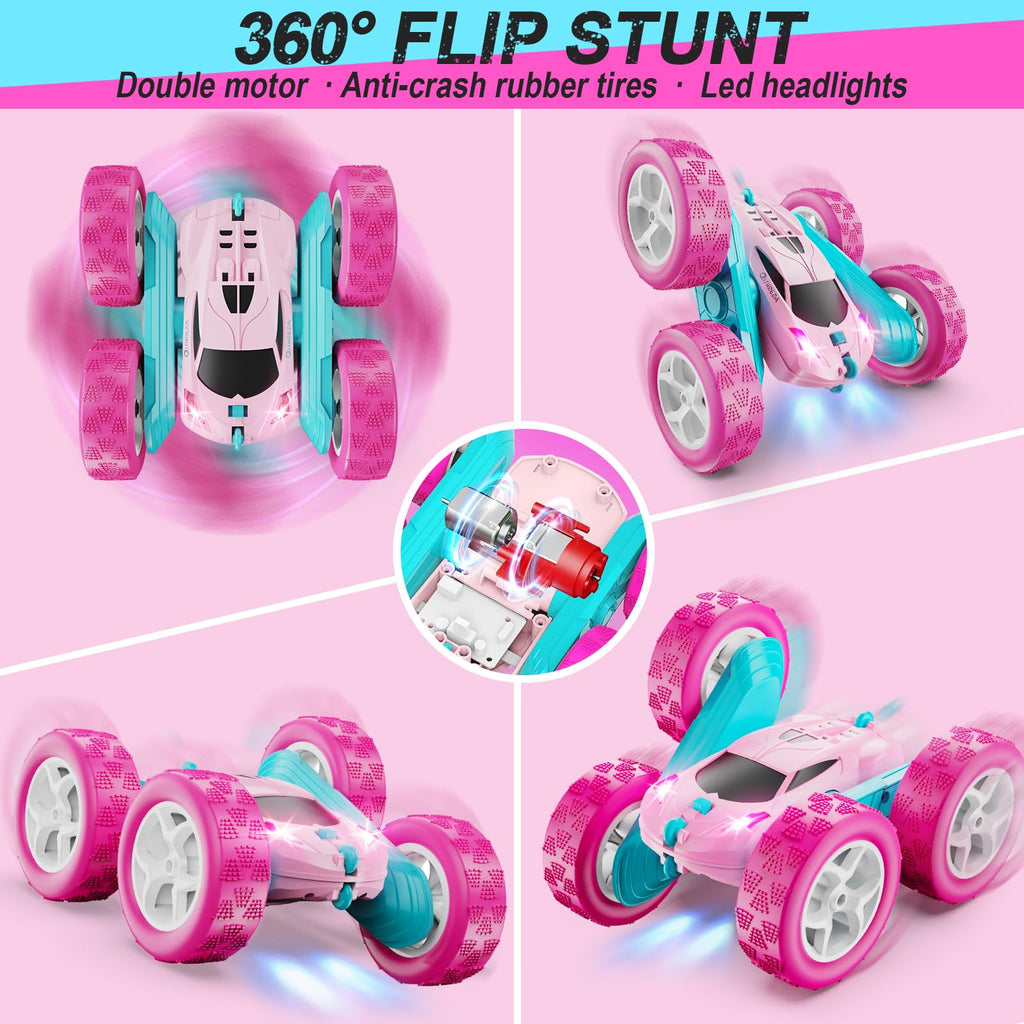 QUNREDA RC Cars, Pink Remote Control Car for Girls, 2.4 GHZ Double Sided RC Stunt Car 360° Rotating Remote Control Crawler with Headlights Car Toys for 6 7 8 9 10 11 12 Girls Birthday Gift Grandkids