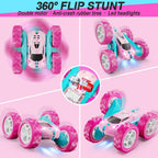QUNREDA RC Cars, Pink Remote Control Car for Girls, 2.4 GHZ Double Sided RC Stunt Car 360° Rotating Remote Control Crawler with Headlights Car Toys for 6 7 8 9 10 11 12 Girls Birthday Gift Grandkids