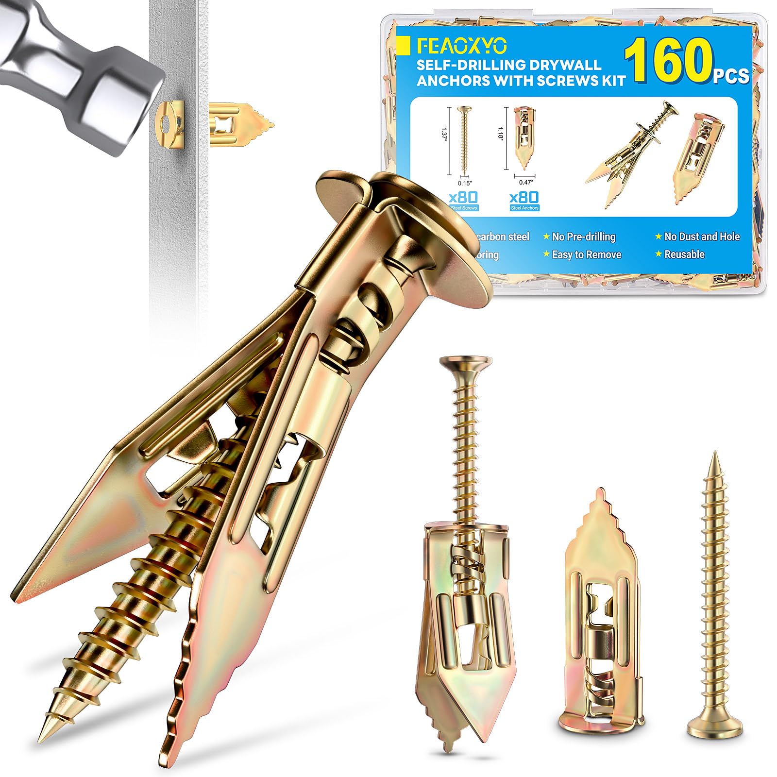 FEAOXYO 160 PCS Self Drilling Drywall Anchors with Screws Kit, Zinc Plated