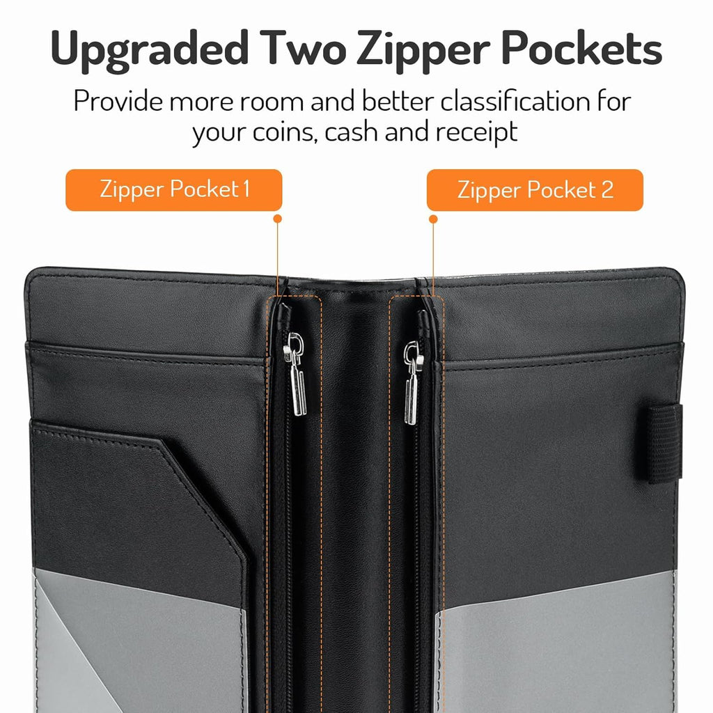 Server Book with 2 Zipper Pockets, Leather Server Books for Waitress