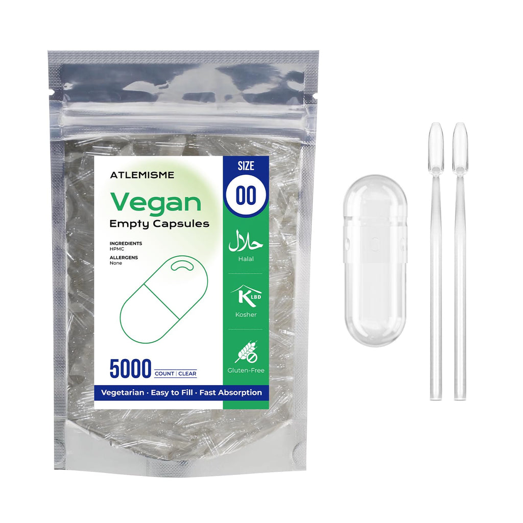 ATLEMISME Empty Vegan Capsules Size 00 - Vegan Capsules Empty (5000 Count) Empty Capsules DIY Vegetable Capsule Filling - Veggie Capsules Empty Caps with 2 Micro Lab Spoons for Capsule Filling