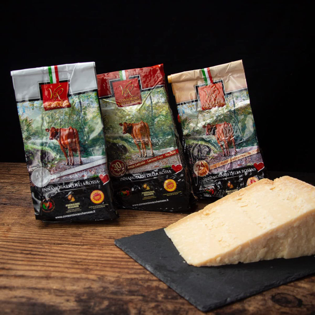Parmigiano Reggiano PDO "Vacche Rosse/Red Cows" Seasoned 24 Months, 2,2 lbs (kg.1). Produced Directly by Consorzio Vacche Rosse (Red Label)