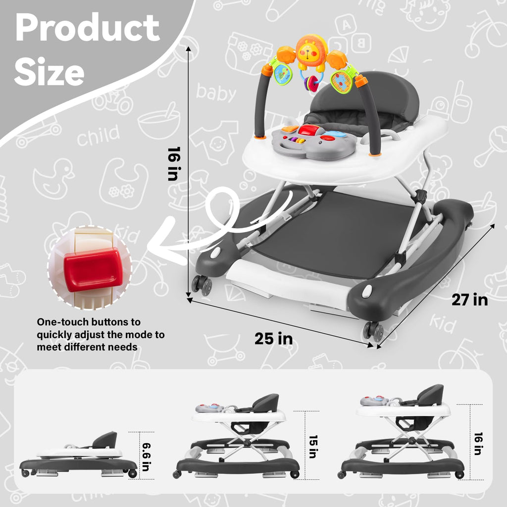 RefoereBabe Baby Walker with Wheels, 5 in 1 Baby Walkers for Boys Girls 6-12 Months, Foldable Walker Baby with Bouncer & Feeding Tray, Music, Adjustable Heights