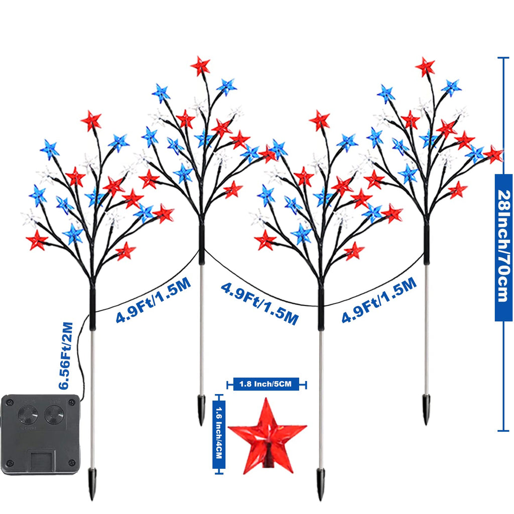 Solar 4th of July Decorations Outdoor Lights, 4-in-1 8 Modes Red White and Blue Star Stake Lights, Waterproof Solar Patriotic Decorations Outdoor for Fouth of July Memorial Day Yard Pathway Grave