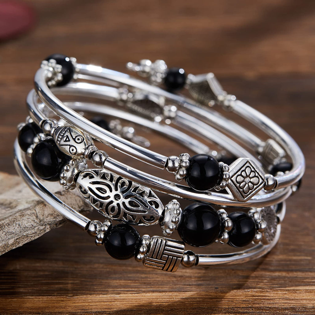 BULINLIN Layered Wrap Bangle Turquoise Bracelet - Bead Bracelet with Natural Agate Stone, Gifts For Women (03-Black)
