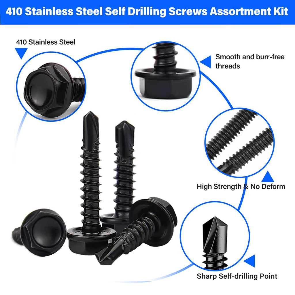 450PCS Self Tapping Screws for Metal, 410 Stainless Steel Self Drilling Screws #8#10 Hex Head Sheet Metal Screws Assortment Kits, Length 1/2"" to 1-1/4'' (Black)
