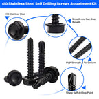 450PCS Self Tapping Screws for Metal, 410 Stainless Steel Self Drilling Screws #8#10 Hex Head Sheet Metal Screws Assortment Kits, Length 1/2"" to 1-1/4'' (Black)