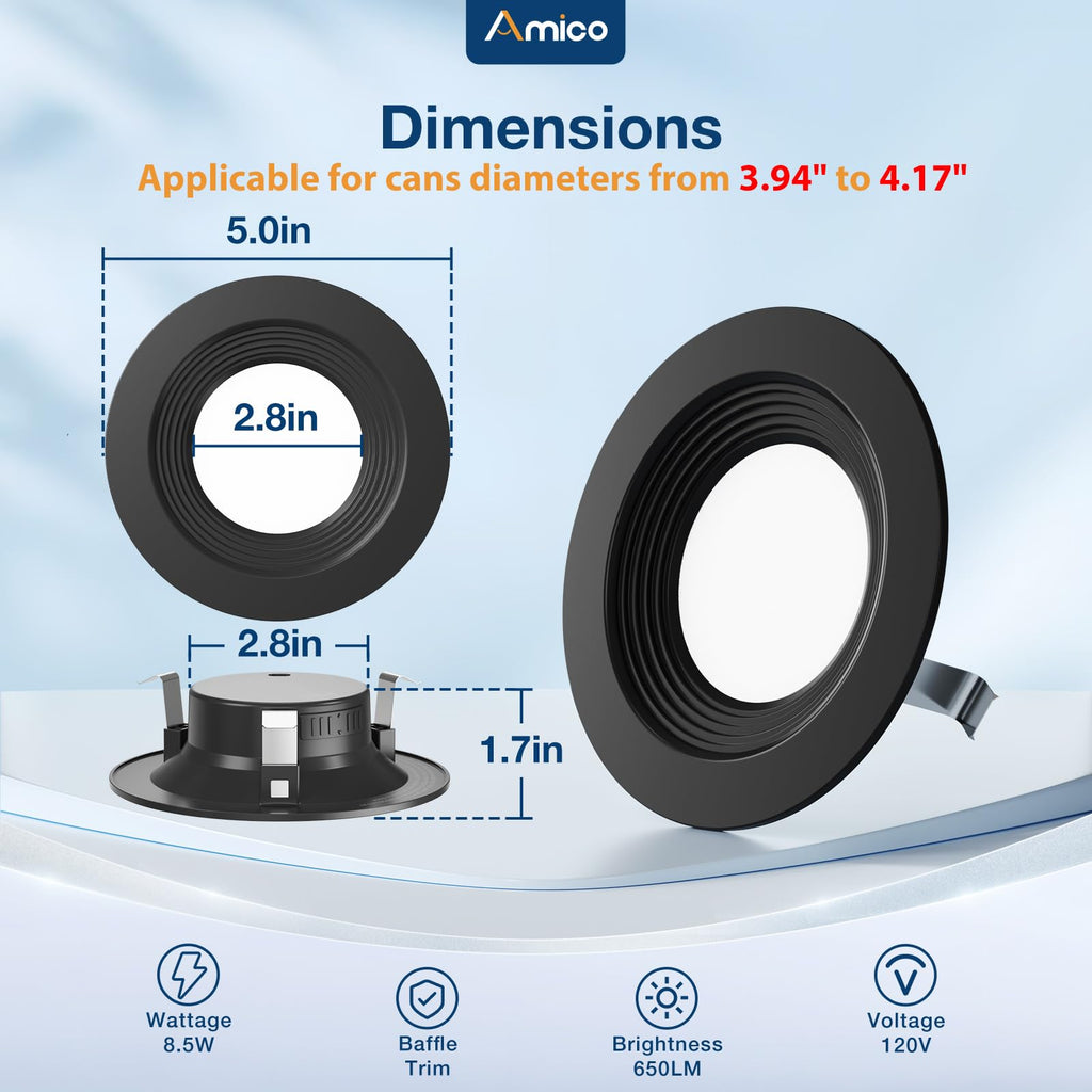 Amico 4 Pack 4 inch 5CCT LED Recessed Lighting, Dimmable, 8.5W=60W, 650LM, 2700K/3000K/4000K/5000K/6000K Selectable, Retrofit Can Lights with Baffle Trim, IC Rated - ETL & FCC, Black