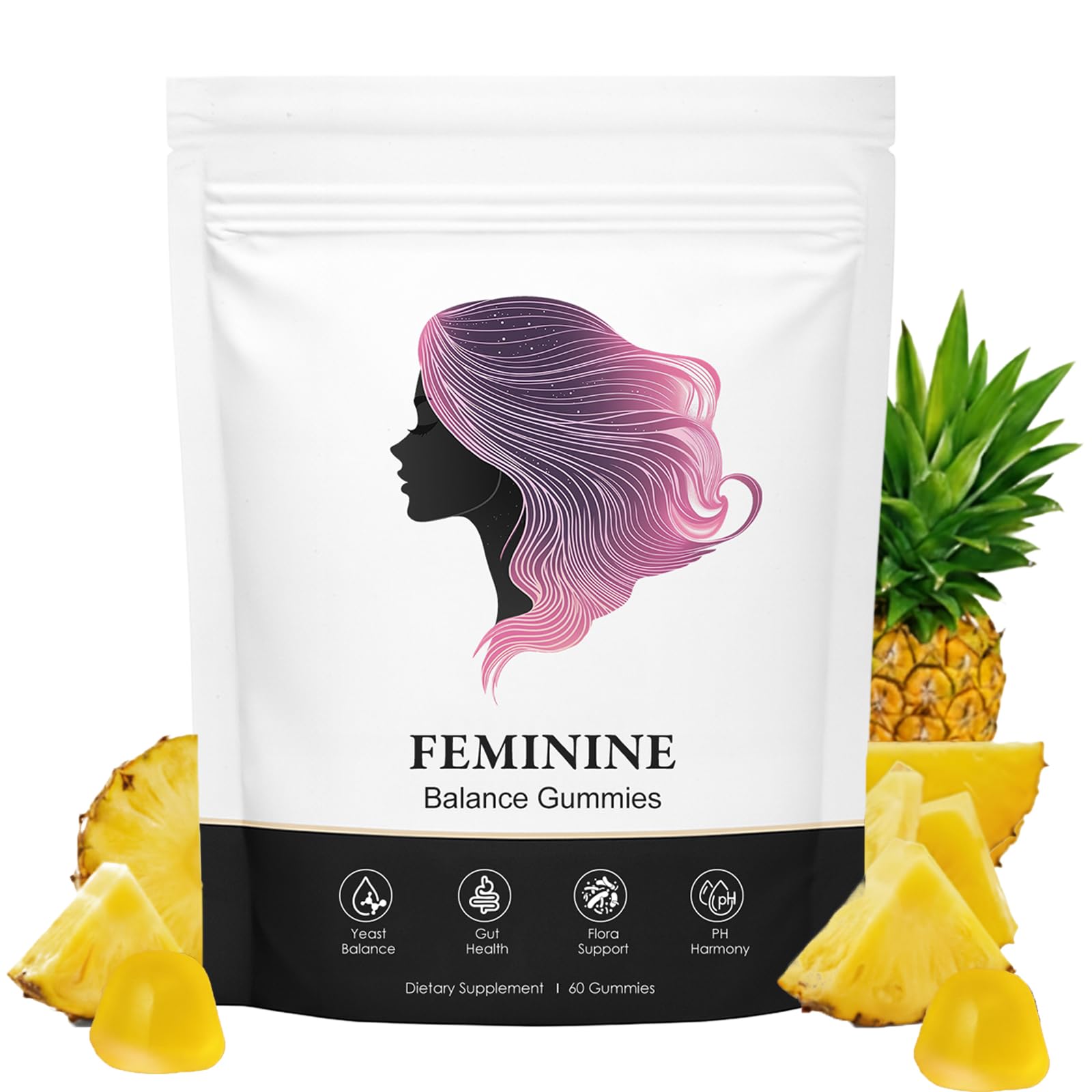 KXVUDE Nuora Feminine Balance Gummies, Premium Feminine Balance Gummies, Vegan Hawaiian Pineapple, Vaginal Health Support, Gluten-Free, 60 Gummies (1)