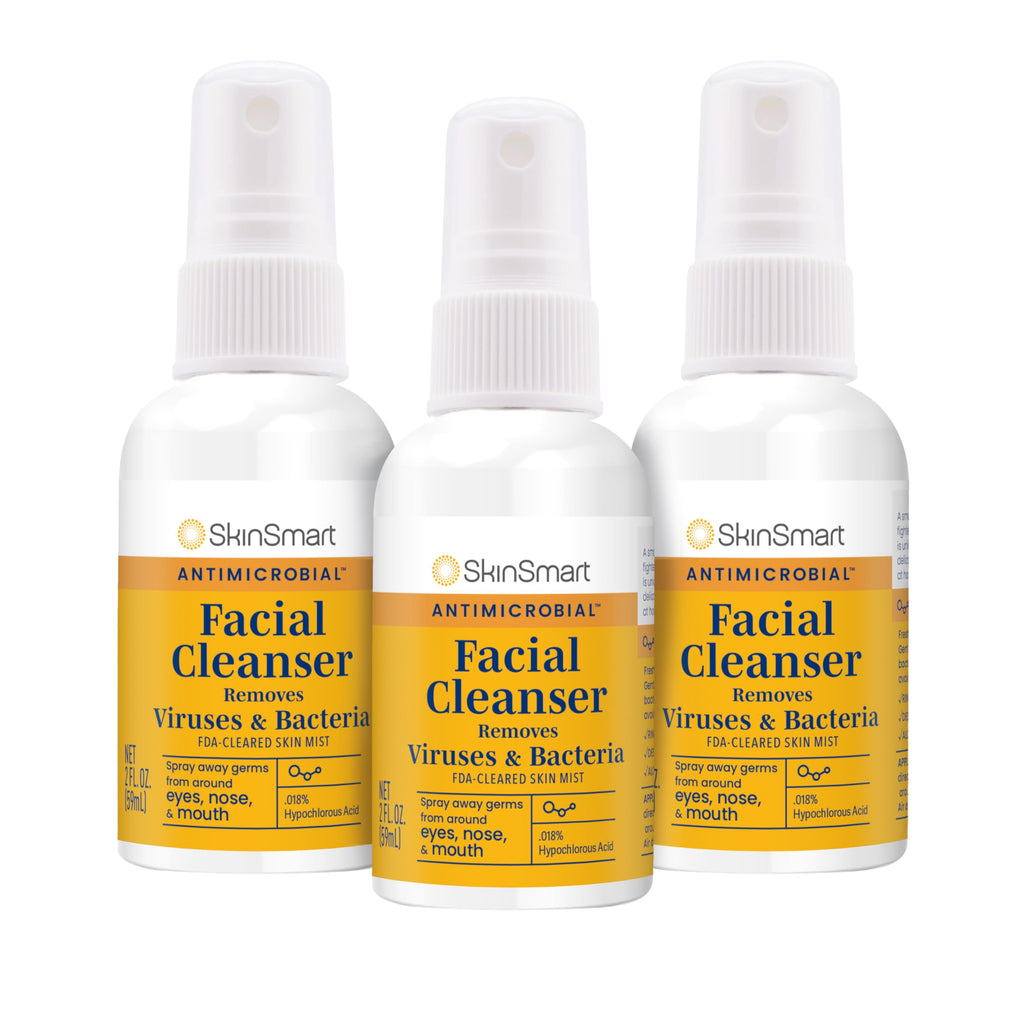 SkinSmart Antimicrobial Facial Cleanser Spray to Remove Viruses and Bacteria Around Eyes, Nose and Mouth, Fight Maskne, 2 oz Spray (3 Pack) Non-Irritating Hypochlorous Acid