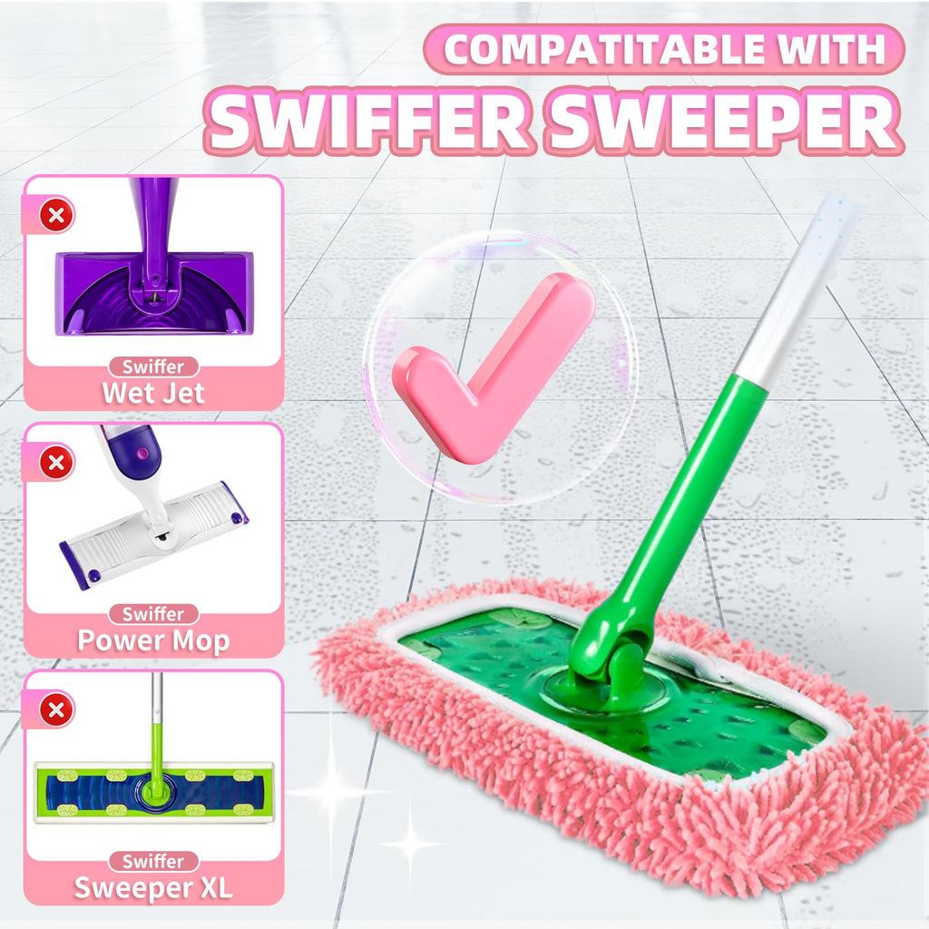 Nicemiya 8 Pack Reusable Mop Pads Compatible with Swiffer Sweeper, Microfiber Chenille Washable Swiffer Mop Pads, Dry & Wet Sweeping Mopping Cloths (Pink)