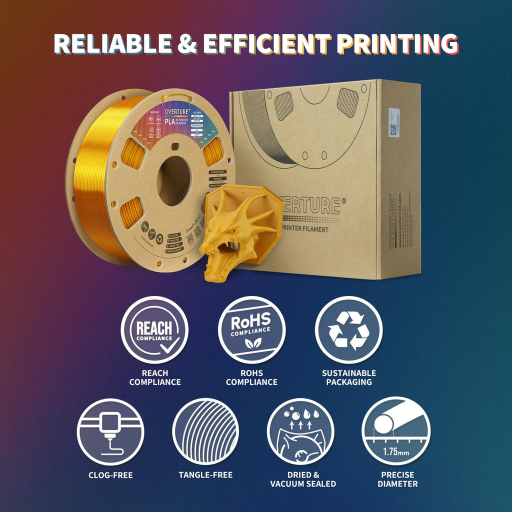 OVERTURE PLA Filament 1.75mm, Neatly Wound 3D Printer Filament 1kg Spool (2.2lbs), Dimensional Accuracy +/- 0.02 mm, Fit Most FDM 3D Printers (Royal Gold)