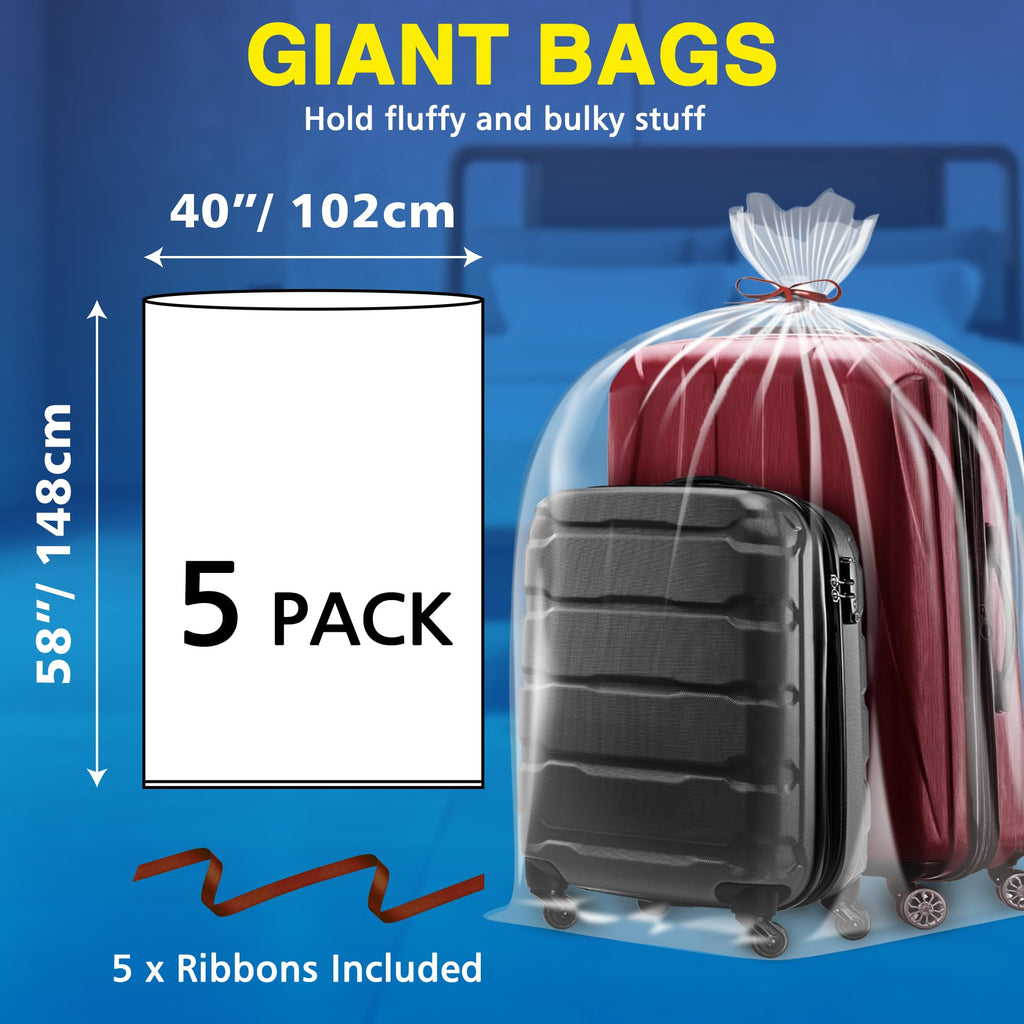 5 Pack 40” x 58” Extra Large Clear Plastic Storage Bags for Luggage Cover