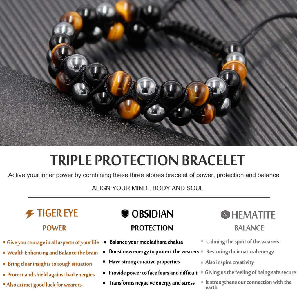 HASKARE Triple Protection Bracelet for Men - Genuine Tigers Eye Black Obsidian Hematite 8mm Natural Stone Beads Stretchy Healing Crystal Jewelry, Anxiety Relief Energy, Ideal for Dad Husband Christmas Birthday