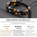 HASKARE Triple Protection Bracelet for Men - Genuine Tigers Eye Black Obsidian Hematite 8mm Natural Stone Beads Stretchy Healing Crystal Jewelry, Anxiety Relief Energy, Ideal for Dad Husband Christmas Birthday