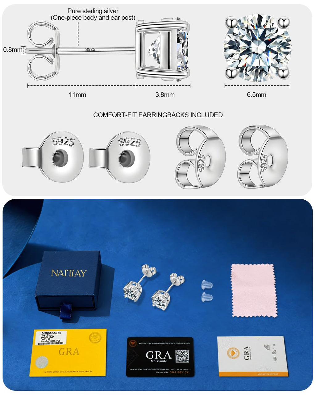 NAITIAY Moissanite Stud Earrings for Men,Hypoallergenic 925 Sterling Silver D Color VVS1 Clarity Lab Created Moissanite GRA Certified Suitable for Women Valentine's Day,Mother's Day of All Ages to Wear