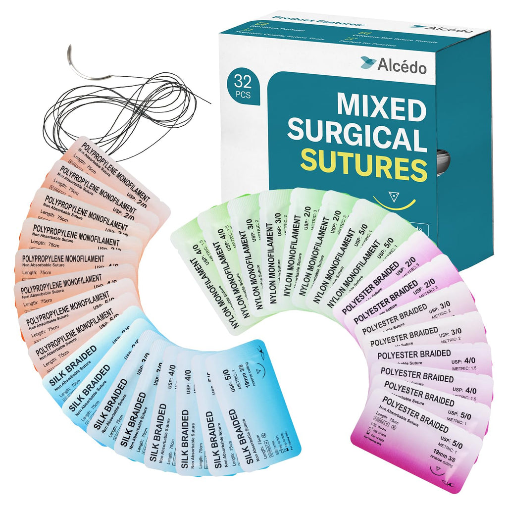 Alcedo Suture Thread with Needle 32 PK (2/0, 3/0, 4/0, 5/0), Non-Absorbable (Nylon, Silk, Polyester, Polypropylene) for Nursing and Students, First Aid Practice Kit Accessories, Education Only